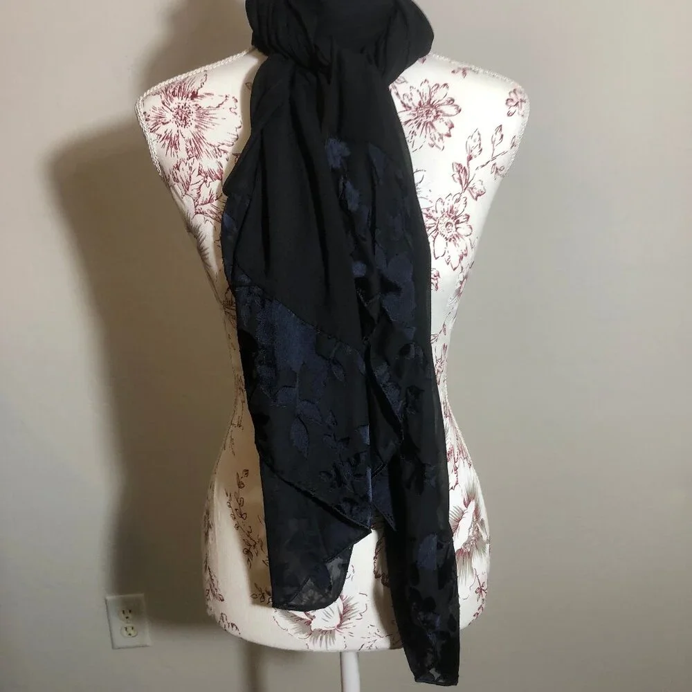 Elegant Black & Navy Sheer Floral Scarf | Lightweight & Versatile
